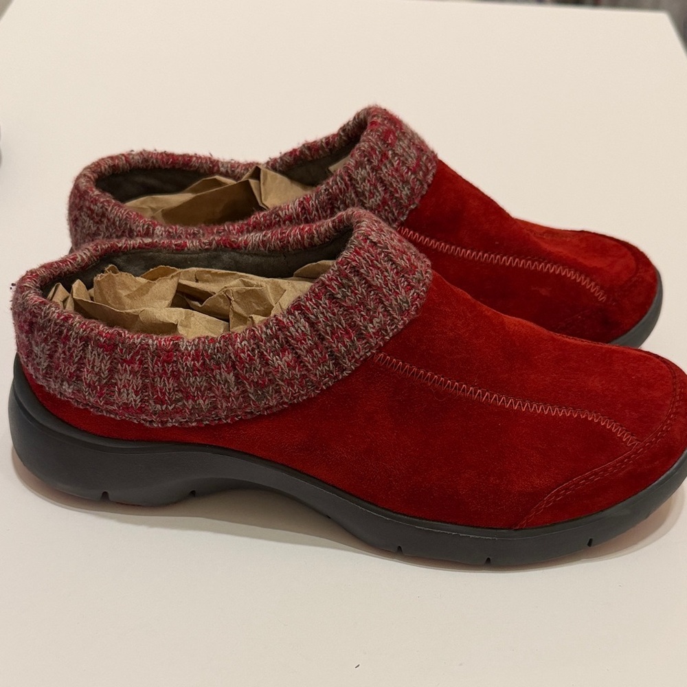 Dansko eartha red suede slip on clog,